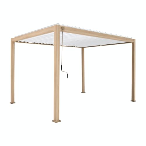 Gazebo Mirador 111 3 x 4 x 2,5 m, effetto legno chiaro. La pavilla moderna, elegante e funzionale canopy/giardino si adatta a tutti i tipi di giardini, terrace, da piscina, o come riparatore per auto e può essere utilizzato tutto l'anno. L'innovativa canna aperta può essere aperta e chiusa con un armadio, offre protezione e ombra dalla pioggia leggera e dal sole scorching. Con lamelle chiuse, la canna è completamente repellente all'acqua. Grazie al sistema di acqua piovana integrato, l'acqua è drenata in modo sicuro dal ciò...