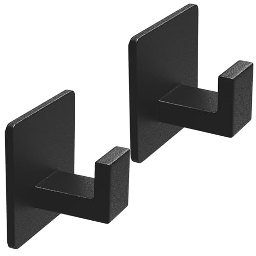 VAEHOLD Adhesive Towel Hooks, Heavy Duty Wall Hooks Aluminum Black Hooks for Hanging Coat, Hat, Towel, Robe, Clothes, Shower Hook for Door, Office, Kitchen, Bathroom - 2 Pack (Black)