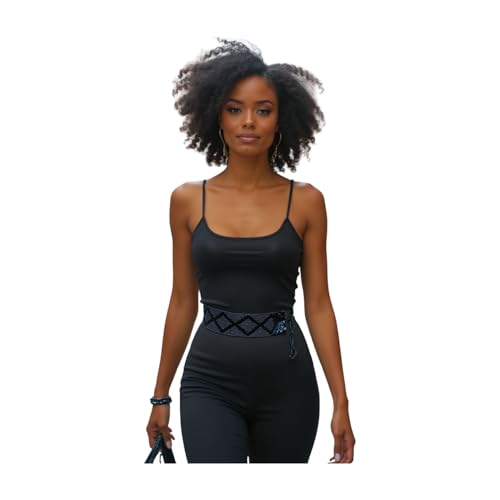 Women Fashion Wrap Tie Beaded Waistband Belt Waist Hip Charcoal Navy Blue Beads Size M L4