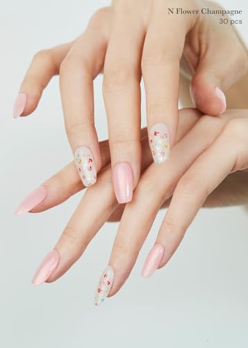 Image of ohora Semi Cured Gel Nail Strips (N Flower Champagne) - Pink, Pattern, Works with Any UV /LED Lamps, Salon-Quality, Long Lasting, Easy to Apply & Remove - Includes 2 Prep Pads, Nail File & Wooden Stick