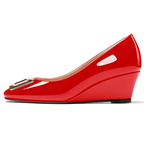 WAYDERNS Women's Patent Gold Metal Buckle Square Toe Slip On Wedge Low Heel Pumps Evening Dress Shoes 2 Inch2