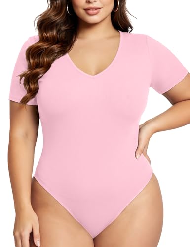Image of COOTRY Plus Size Short Sleeve Bodysuit For Women V Neck Body Suit Tops Hot Pink 3XL