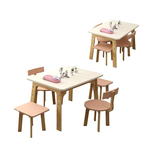 hoopyosms Set de Mesa y Sillas para Niños, Mesa Infantil Montessori con 4 Sillas de Madera para Actividades y Aprendizaje, Muebles para Niños Pequeños, Rosa