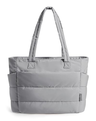 BAGSMART Tote Bag for Women, Lightweight Puffy Tote Bag with Compartments Shoulder Bag Handbag Quilted Shoulder Bag Handbag for Travel, Work, Beach, Gym, Shop(Gray)