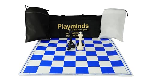Image of 18'' X 18'' Professional Tournament Chess Set with Blue Vinyl Foldable Chess Board Game with Solid Plastic Pieces with Extra Queens and Black Bag