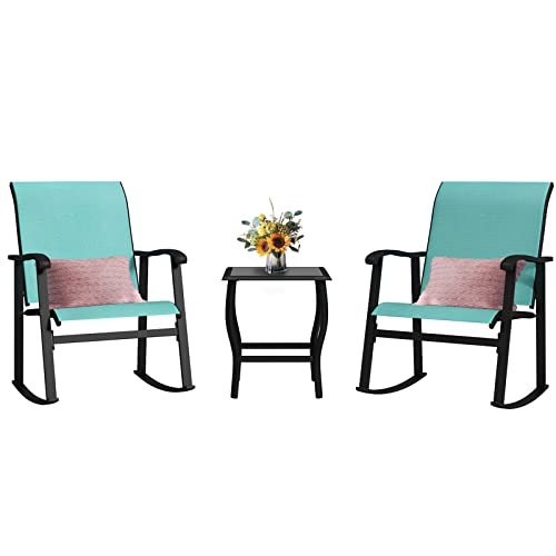 Mingyall 3 Piece Patio Rocking Chair Bistro Set, Outdoor Textilene Rocker Bistro Furniture Sets, 2 Patio Rocking Chairs With Glass Tabletop Side Table For Porch, Balcony, Blue #TOP3