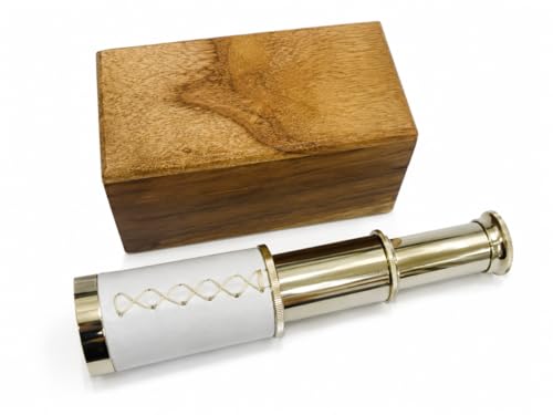 Télescope en cuir blanc et laiton chromé avec son luxueux coffret de rangement