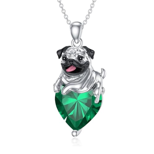 Flpruy - Collar de piedra natal de corazón de pug de plata de ley...
