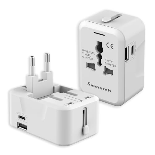 SAUNORCH Travel Adapter Worldwide All in One European Universal International Power Travel Plug Adapter W/ 2.4A Type C & 2.4A USB-A Ports Wall Charger for USA EU UK AUS Cell Phone Laptop - white