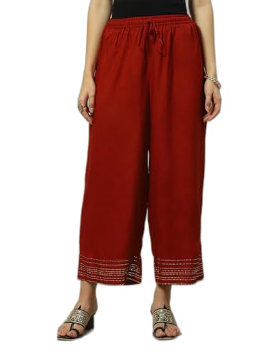 Image of Rangriti Rust Liva Straight Solid Palazzo for Women