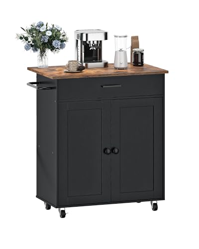 CHOEZON Chariot avec Rangement, Îlot Central de Cuisine, Desserte à roulettes, Double Porte, Plan de Travail Pliable, Noir et Couleur Boisée DMZD01BF
