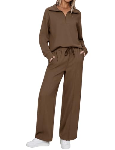 Aottori Conjunto Deportivo Mujer 2 Piezas Sudadera Cremallera Manga Larga Pantalón Ancho Cintura Elástica Ropa Deportiva Casual Básica Elegant Marrón XXL