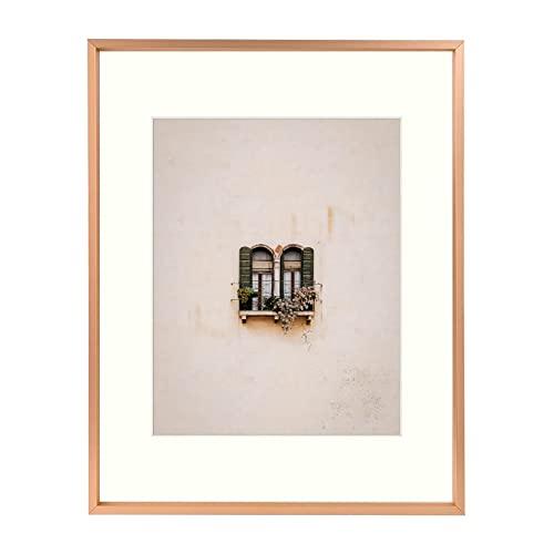 Golden State Art, Rose Gold 11x14 Aluminum Frame for 11 x 14 Picture or 8x10 Photo with Mat - Shatter - Resistant Glass - Wall Display - 1 Pack