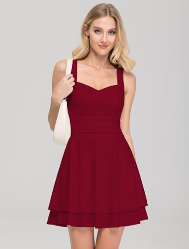 Image of IWD Women's Square Neck Sleeveless Mini Dress Ruched Waist Tiered Ruffle Hem A Line Short Dresses