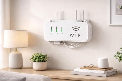 Image of Nurmantras inchHerbal By Nur inch Self Adhesive WiFi Router Stand Wall Mount Holder - No Drill Storage Shelf for Router, Modem, Set Top Box with Cable Management Organizer | White (Pack of 2)