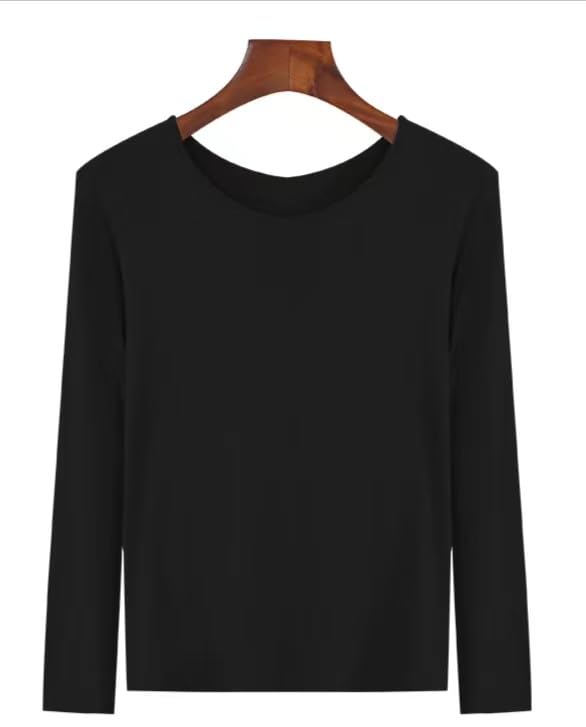 YI-ICCHANN Women's Long Sleeve Modal Undershirt Round Neck Winter Tops Thin Type Stretchy Fabric Slim Blouse Black