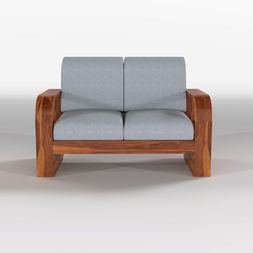 Image of Solid Sheesham Wooden 2 Seater Sofa Set with Grey Cushion for Living Room Furniture - Honey Finish