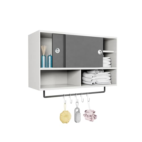 Ceredeme Bathroom Wall Storage Cabinet with Towel Bar, Medicine Cabinets with 2 Sliding Door, Kitchen Dinnerware Wall Cabinet, Additional Open Storage Space