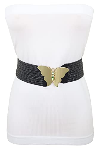 Women Fashion Elastic Black Belt High Waist Hip Gold Metal Butterfly Buckle S M4