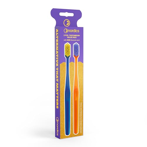 Nordics Adults Premium Ultra Soft Toothbrushes – 6,580 Ultra-Fine Bristles, Sensitive Teeth & Gums, Eco-Friendly Bioplastic Handle, Vegan, Biodegradable, Gentle Oral Care, Dual Pack (Orange and Blue)