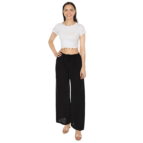 Image of Women's Rayon Palazzo Pants | Solid Color Wide Leg Trousers in 18 Shades | Elastic Waist Casual Bottoms XS-7XL | Comfortable