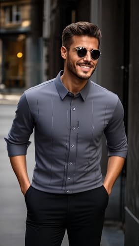 Image of IndoPrimo Men's Regular Fit Satin Designer Shirt with Stylish Vertical Line Sequence | Long Sleeve Formal & Casual Button Down Shirt for Office, Party & Business