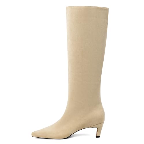 Image of Modatope Knee High Boots Women Square Toe Kitten Heel Tall Boots | Womens Low Heel Fashion Heeled Fall Boots, Dressy Tall Long Boots For Women