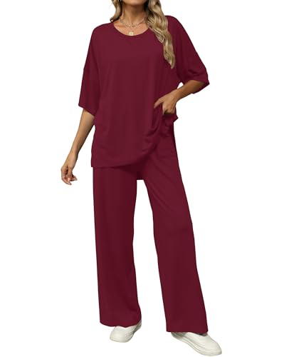 Image of KevaMolly 2 Piece Lounge Set for Women Postpartum Oversized Tops and Wide Leg Pants Soft Comfy Pajamas Set 2 Piece Outfits