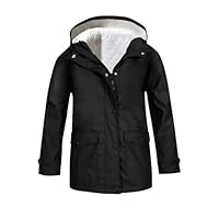 Girls Rain Jacket Lightweight Waterproof Raincoat Fleece Lined Outdoor Hooded Windbreaker Trench Coat for Kids Packable Travel Hiking Outdoor Jackets With Pocket (Black, 13-14 Years)