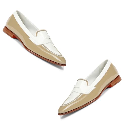 Image of Women Patent Slip On Loafer Flats Two Tone Round Toe Flat Heel Penny Loafers Casual 1 inch Low Heel Loafer Dress Shoes Oxford Comfort Chic Colorblock Office Ladies 4-11 M US