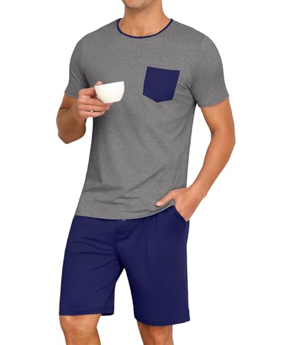 Image of PrinStory Mens Summer Pajamas Set Lightweight Pjs Sets Short Sleeve Pajama Shorts Set Soft Sleepwear Loungewear with Pockets