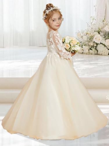 Elegant Tulle Flower Girl Dress A Line Applique First Communion Dresses with Sleeves Pageant Princess Party Gowns4