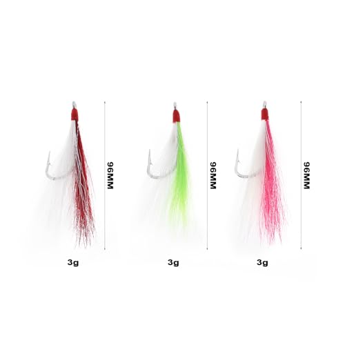 Briny River 12 Stück Bucktail-Teaser-Angelhaken Salzwasser-Flunder-Rig Angelhaken aus Edelstahl 96 Mm 3 G Bucktail-Mylar-Teaser Eingesetzt für Wels Kabeljau Flunder