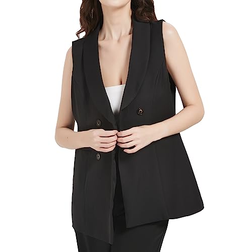 S7 Women's Sleeveless Vest Classic Double Breasted Suit Vest Casual Waistcoat Solid Business Blazer Vest with 2 Pockets