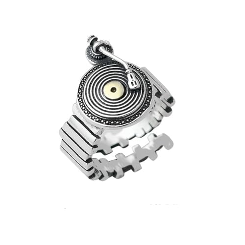 DJ Music Vinyl Disc Maker Personalized Statement Ring Open Band Adjustable Extendable Knuckle Middle Finger Comfort Fit Bands Fashion Trends Style Hip Hop Jewelry for Men Women Gift Boyfriend Xmas