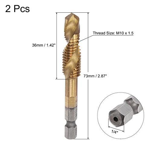 Uxcell Combination Drill And Tap Bit, 1/4" Hex Shank M10 X 1.5 Metric Titanium Coated High Speed Steel 4341 Spiral Flute Drilling Tapping Tool Extra Long 2Pcs #TOP1