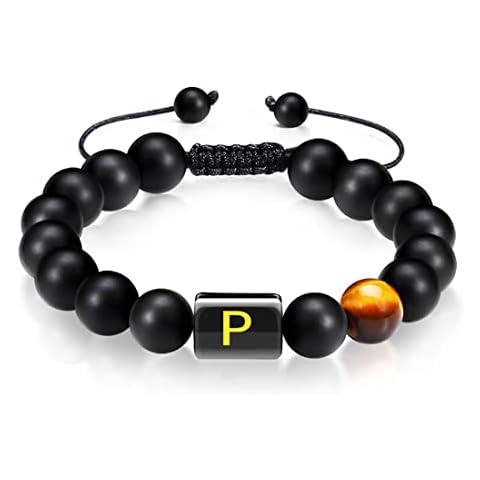 FLTSF.H Initials Bracelets for Men Letter Handmade Natural Black Matte Agate Tiger Eye Stone Beaded Braided Rope Bracelet Personalized Jewelry Gifts Cover