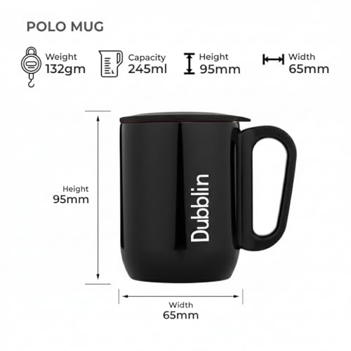 Image of DUBBLIN Polo Stainless Steel Unbreakable Tea Coffee Mug Double Wall with Handle and Lid, Wide Mouth Mug Keeps Beverages Hot & Cold 220 ML Black