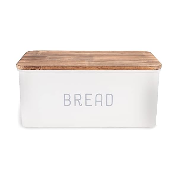 Nat & Jules Matte White 12 x 7 Metal Enamel Rubber Wood Lidded Bread Box