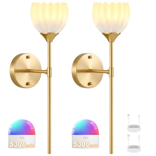 Image of Vintage Battery Operated Wall Sconce Set of 2, White Tulip Glass Lampshade Wireless 5300 mAh Rechargeable Battery Powered LED Wall Light with Remote Dimmable for Bedroom Bathroom Living Room