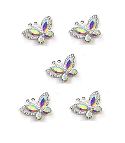 Syntego 5pcs Crystal Butterfly Flat Back Rhinestone Embellishments, Grade A Diamante Craft Decorations, AB-Rainbow