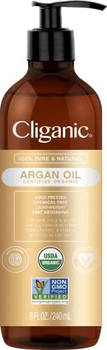 Cliganic Organic Argan Oil 8oz with Pump, 100% Pure - for Hair, Face & Skin
