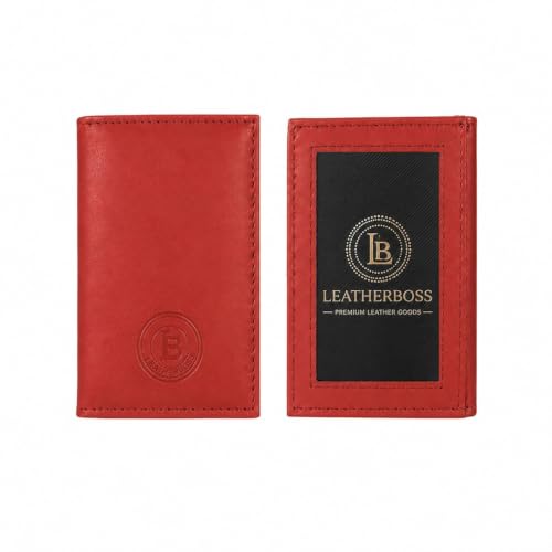 Image of LB LEATHERBOSS Slim Thin Leather Credit Card Triple ID Window Mini Wallet Bifold Driver License Safe (Cherry)
