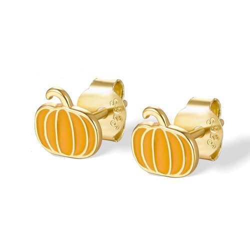 Cute Pumpkin Tiny Small Stud Earrings 925 Sterling Silver Cartilage Tragus Hypoallergenic Enamel Studs Earring Dainty Halloween Thanksgiving Autumn Fall Party Jewelry Gifts for Women Daughter