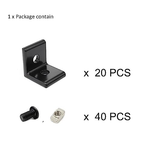 Image of 20Pcs 2020 Aluminum Extrusion T Slot Corner Bracket 20 Series Extruded Hardware L Connector with M5 Nuts Bolts for 20 /20 20mm T V Slot Black Aluminum Profile Rail Accessories