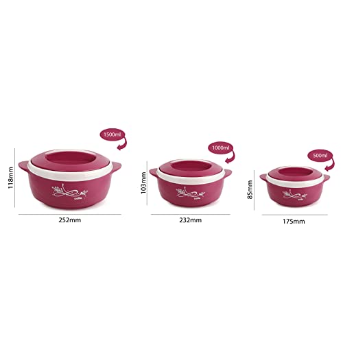 Image of CELLO Sapphire Insulated Inner Steel Casserole Set of 3, Pink (500ml, 1000ml, 1500ml) | Hot Box for Kitchen | Hot Pot | Chapati Box | Locks in The Cold & Heat for Long | Serving Bowl with Lid |
