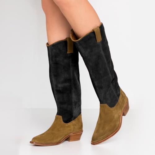 Women Slouch Western Knee High Boots Low Chunky Stacked Heel Square-Pointed Toe Suede Tall Cowboy Boots Wide Calf Two-Toned Pull On Long Combat Boot Comfort Vintage Fall Winter 4-11 M US2