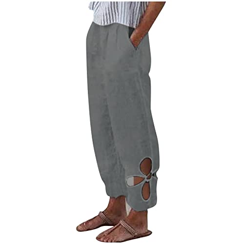 Generic Casual Pants for Women Stripe Print Side Button Trendy Ankle Trousers Baggy Straight Leg Beach Cropped with Pocket