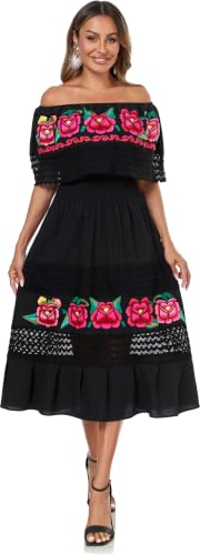 Image of YZXDORWJ Women Embroidered Mexican Peasant Casual Sexy Lace Off-Shoulder Long Dress