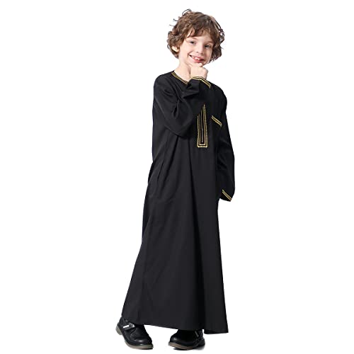 Image of OBEEII Boy's Muslim Arab Solid Color Thobe Long Sleeve Kaftan Embroidered Robe Islamic Arabic Abaya Thobe
